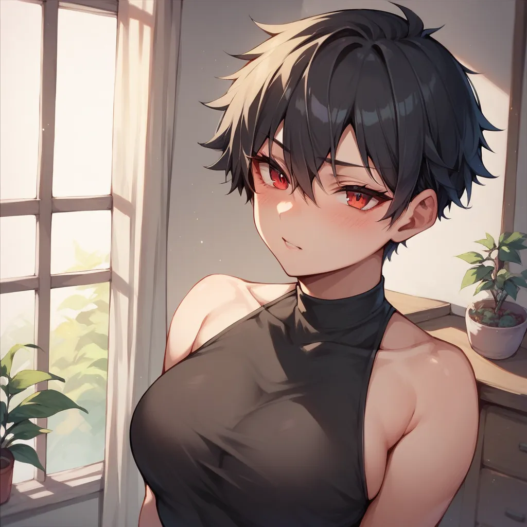 a tomboy with black hair and red eyes. she is wearing a sexy black dress and is blushing while outside a house.