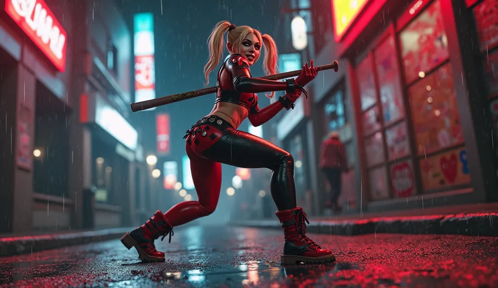 A dramatic low-angle shot of Harley Quinn, captured in mid-motion as she confidently wields her signature baseball bat. Her expression is mischievous, with a playful yet dangerous smirk. Dressed in her iconic red and black outfit, with vibrant pigtails swa...