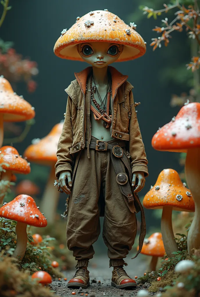 a realistic game character, a hybrid of mushroom and human, small mushroom head. wearing an old rug clothes, loosen brown pant and jungle bamboo shoe. background is colorful mushrooms on ground and dark back.
