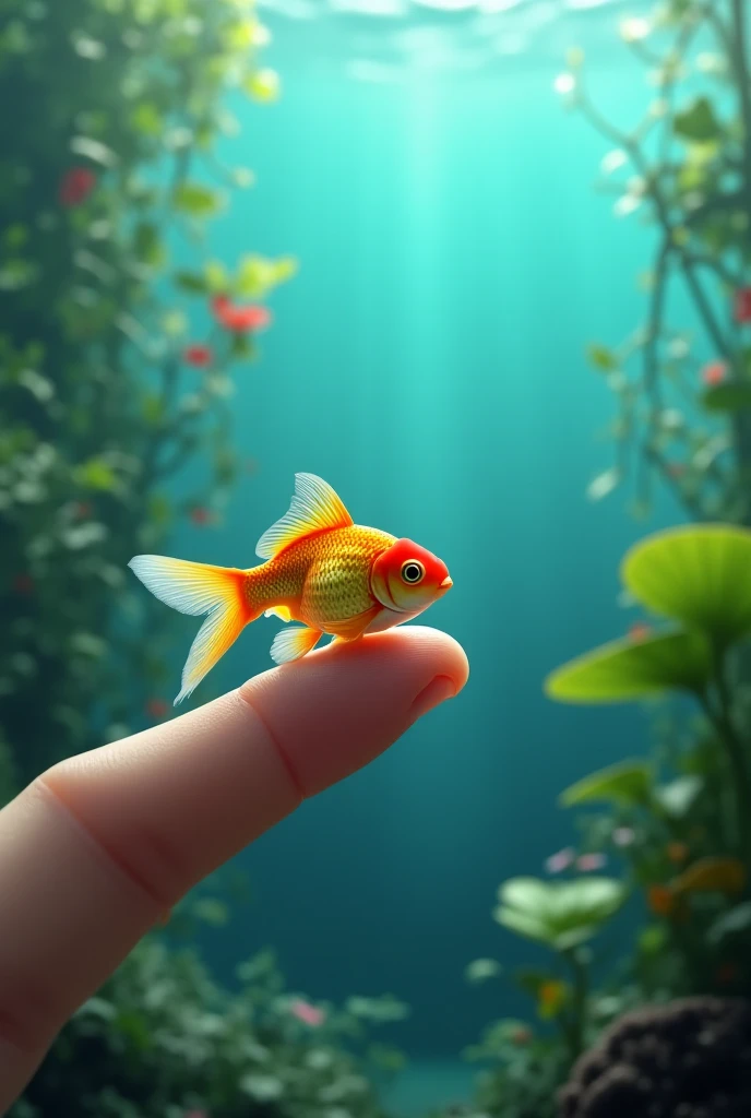 19. Splash of Color with a Goldfish: A small goldfish resting on a person’s fingertip, with rippling water patterns and underwater plants vibrant in the background. 
