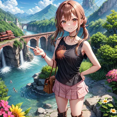 pink brown brown gold hair、 eye、  Has hair tied  、Two cute people、 check miniskirt、  black t-shirt、 Light clothing、 tank top、 camisole、high socks、 Boots、 teeth inside、  The Road Is Crooked 、Mountain々、Stick together  、 bamboo forest、 chest pocket  、rock sal...