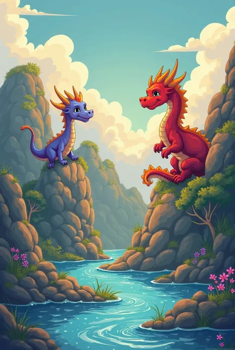 je veux stp plusieurs image cartoon pour enfant de 4ans pour illustrer "Dans un pays lointain, hidden behind giant mountains, lived two very special dragons.

The first , Flammus, crachait du feu. 🔥 He was all red and very proud of his power.
The second, A...