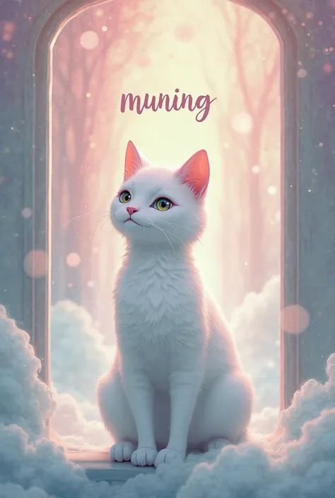 Square frame Animated male white cat with ethereal background and a name "MUNING" behind