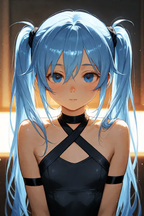  sky blue hair. Blue eyes.  long hair. black halter neck crop tee. Flat Chest.  black leotard. black armband.  twintail. girl.  middle school student.