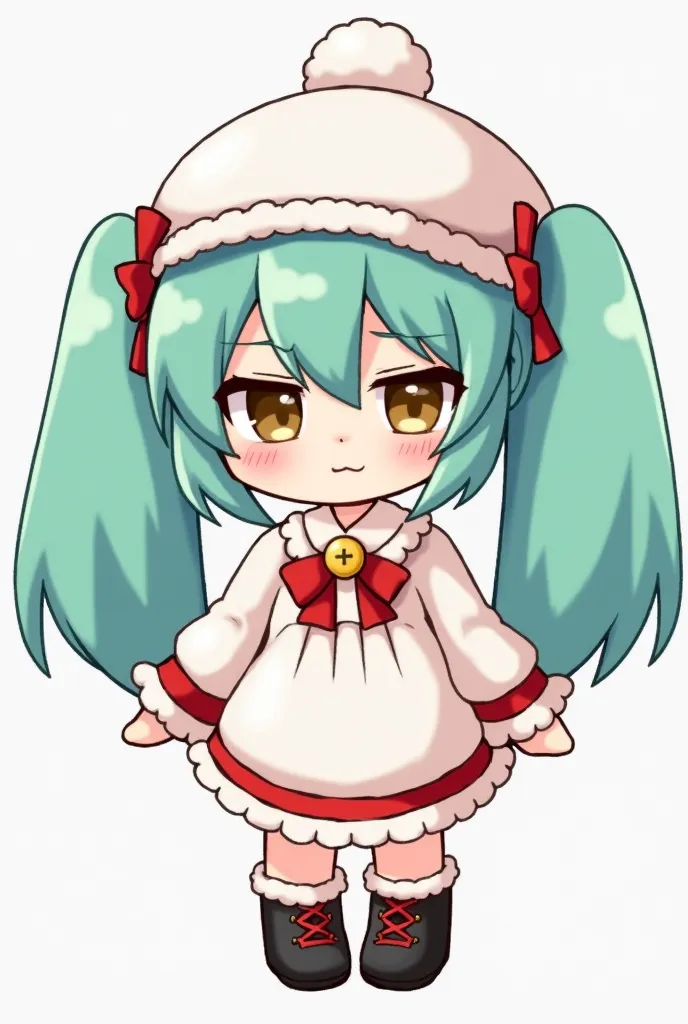 Picture of a girl's little plush toy。The plush is made of soft and cuddly fabric、It has button eyes and a friendly look。She has long teal twin tails、hat with white fur trim、A white dress with red accents and white fur trim、wears black shoes with red accent...