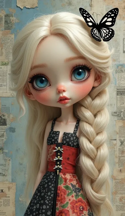 "Create a digital painting of a whimsical, large-eyed female figure with exaggerated, doll-like features. She has long, platinum blonde hair styled in a detailed, intricate braid that falls over her shoulder. Her eyes are large and striking, with bright bl...