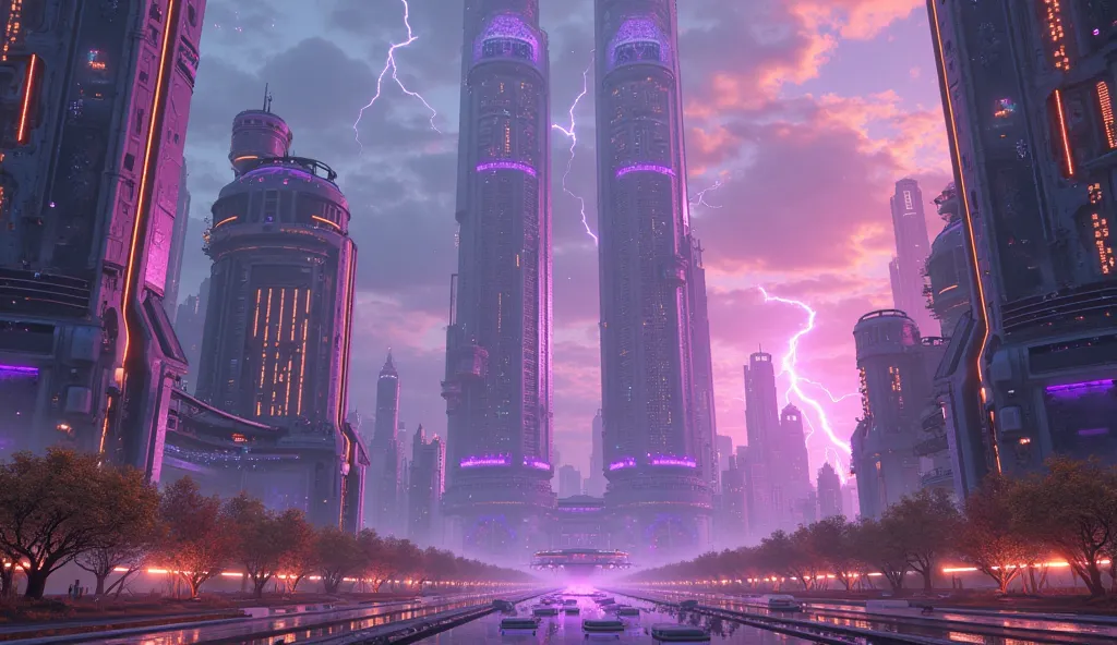 Mile-high towers coated in adaptive purple nanite skin adjust to solar storms. Sky farms float between them, growing glowing alien crops. The streets below are bathed in holographic neon constellations.