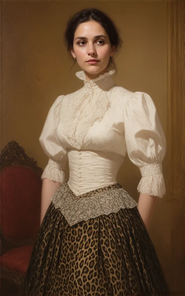 brocade_victorian_blouse,lace_collar,cinched_waist,puff_sleeves,delicate_embroidery,high_neck,elegant_posture,serene_expression,photorealistic,8k,ultra_detailed,dramatic_lighting,ornate_victorian_interior,warm_color_palette,chiaroscuro_effects,portrait_pai...