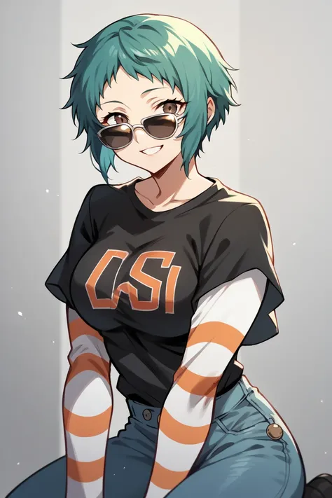 1 girl, solo, black short sleeve t-shirt, layered sleeves, white long sleeves, jeans, Fuuka Yamagishi, teal hair, brown eyes, black t-shirt over white long sleeves, large breasts, confident smile, striped sleeves, black and white stripes, sunglasses