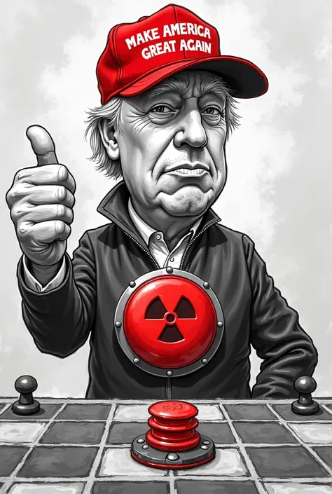 Caricature de trump avec une casquette rouge, un pouce en l’air, un bouton écrit nucléaire dessus rouge sur un plateau de jeu, enceinte, dessin trait noir