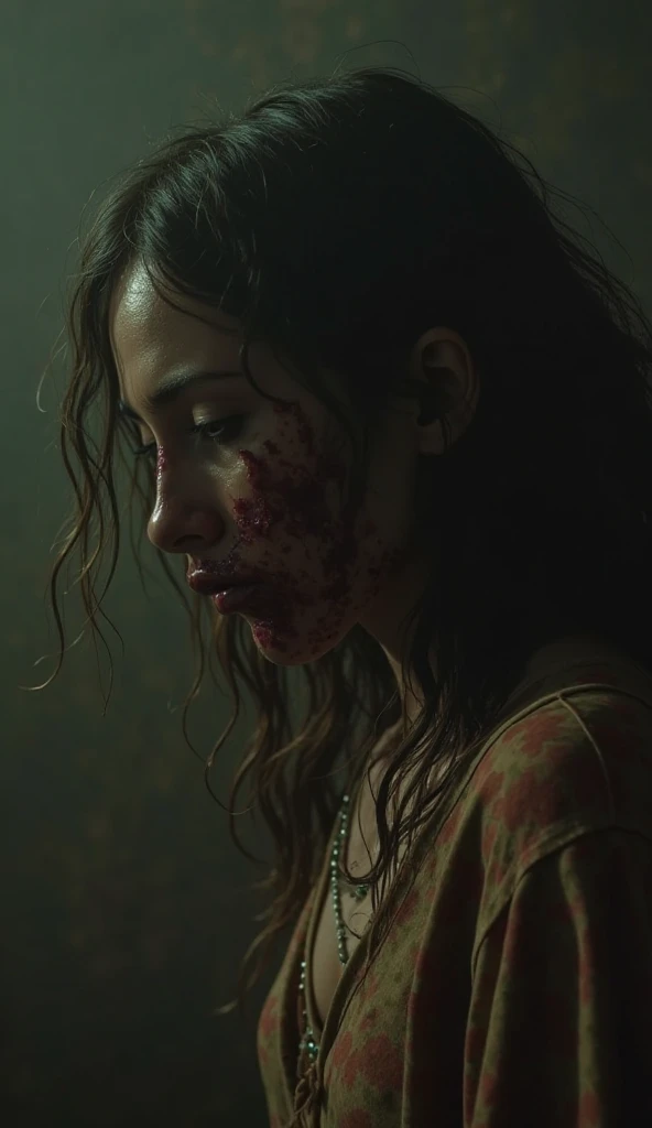 Create a cinematic shot of a Mesopotamian girl with similarities to a clicker from The Last Of Us. Highlight the disgusting and terrifying of the scene with an unpleasant play of shadows. Maintain an aspect ratio of 2:3 and use a speed of 1000 to intensify...