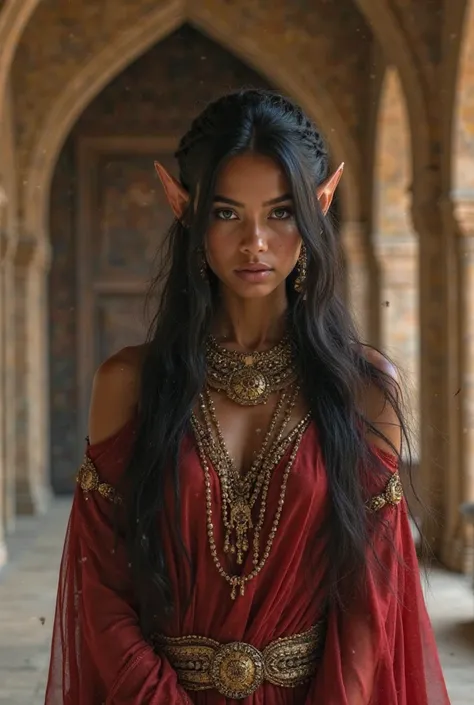 Upper body shot, North African woman, pointed elf ears, caramel skin, black hair, closed mouth, ancient elven noble outfit, elven jewelry, dynamic pose, complex fantasy character, NSFW, cinematic lighting, fantasy, magic, detailed background, in ancient el...