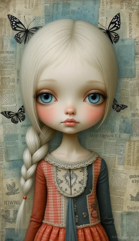 "Create a digital painting of a whimsical, large-eyed female figure with exaggerated, doll-like features. She has long, platinum blonde hair styled in a detailed, intricate braid that falls over her shoulder. Her eyes are large and striking, with bright bl...