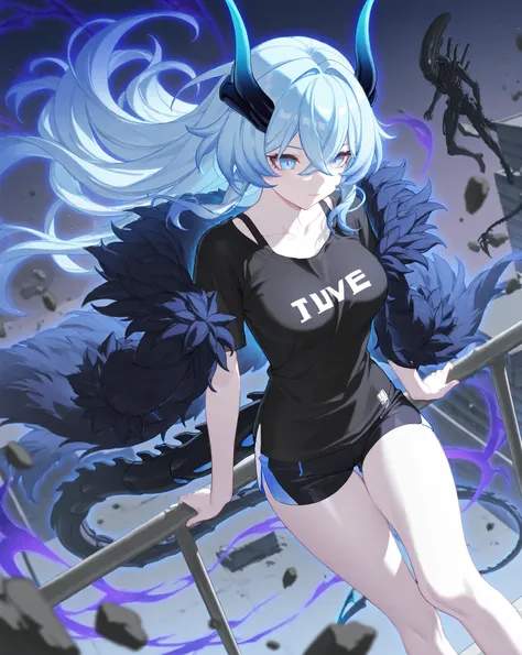 best image quality、High Resolution、 diamond blue hair 、light blue eyes、Feather coat、Alien Tail、 Dragon Horn、rooftop、、  black t-shirt 、beautiful breasts、  best thighs、Blue aura、 long hair、best image quality、floating rubble、Xenomorph、Cosmic Aura 、black short...