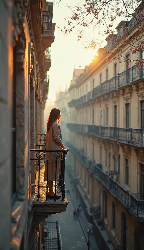 Professional urban photography with a medium plan of an old building and gray. Use a long exposure technique to capture the soft light of a sunny spring afternoon. on the balcony, highlight a pretty woman enjoying the sun. Adjust the composition to highlig...