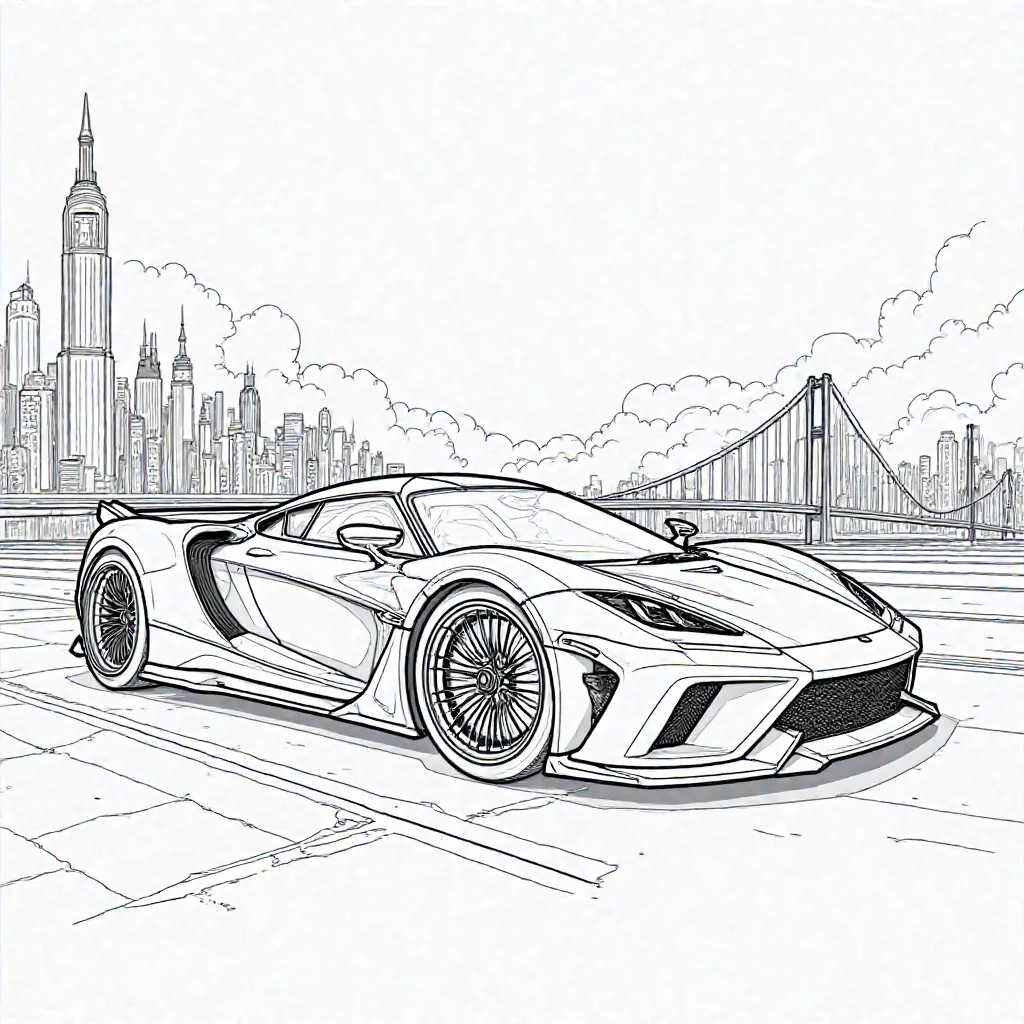 "Create a high-quality, black-and-white outline illustration of a SSC Tuatara in a bold, clean line-art style. The car should be positioned dynamically, showcasing its sleek and intricate design with precise, sharp outlines. The background must feature a h...