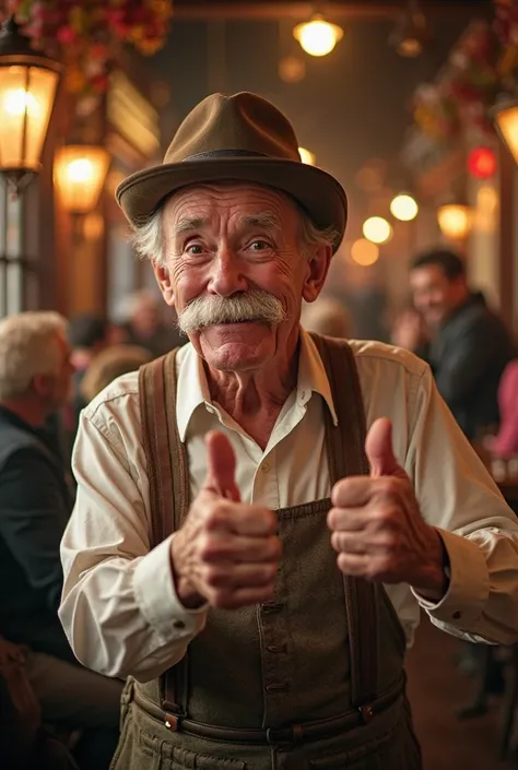 A cheerful, quirky old man with a big mustache, wearing a vintage hat and suspenders, giving a thumbs-up with a mischievous grin. The background is a warm and lively scene, resembling a cozy British pub or a charming cobblestone street. The atmosphere is i...