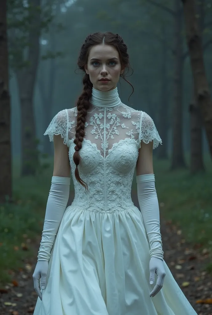 A beautiful blue-eyed brunette woman, with braided hair and with an extremely long neck. She wears a wedding dress ,  completely white, with a tight high collar, corrugated , that wraps around and covers her entire long neck. The fabric of the dress is mad...