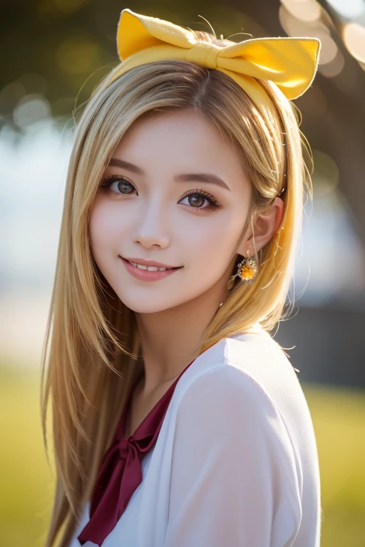 Masterpiece,  best quality ,  best quality , (  intricate detail :1.2),  beautiful eyes,  1 girl, Alone, Outdoors,  blue sky, cloudy, Bokeh,  lens flare, anamorphic  lens flare,  allows depth of field ,  enchanting face ,  bewitching smile, {{heanna_violet...