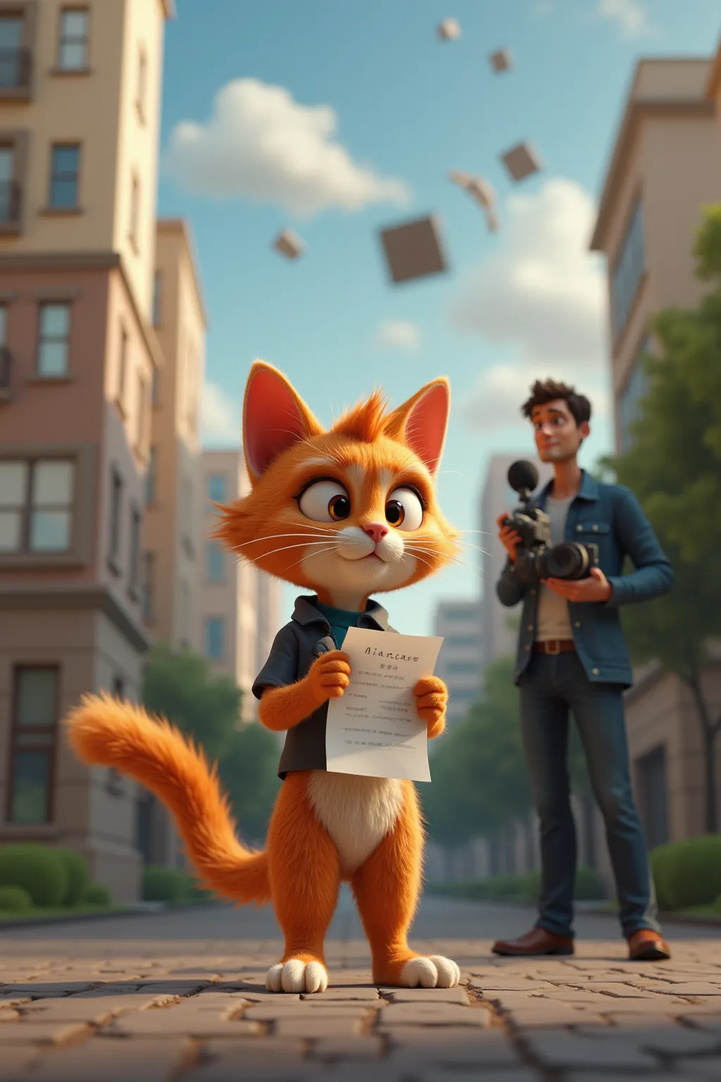 In 3d Pixar animation.
Character, a slim orange girl tabby cat dressing as a reporter.
Action, holding a microphone and a script..A camera man is standing in front of the cat recording. 
Background, urban area with tornado and flying debris. 