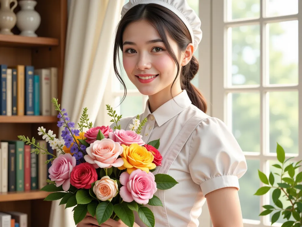 smiling housemaid with flowers