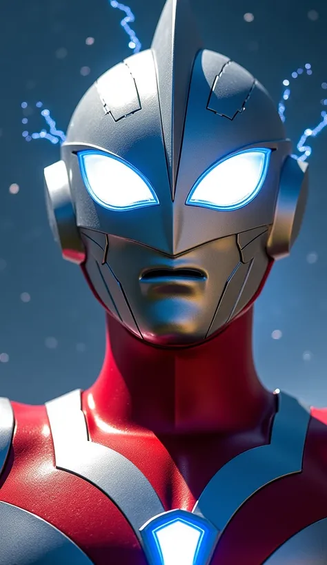 "A breathtaking close-up of Ultraman, his silver and red armor gleaming under a cosmic sky. His piercing white eyes glow with pure energy, reflecting the stars above. The wind rushes past him, giving a sense of motion. Tiny sparks of electricity flicker ar...