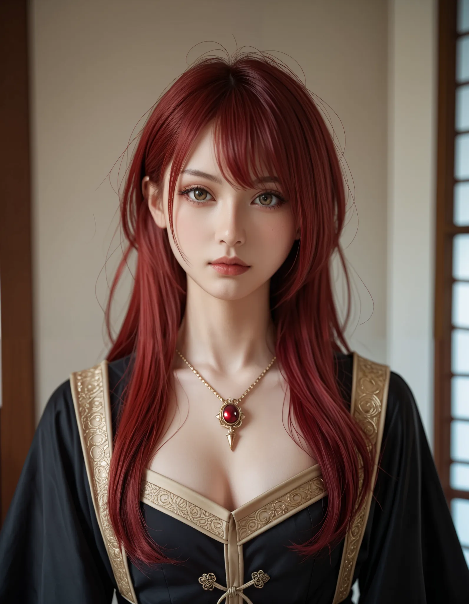  score_9,  score_8_up,  score_7_up,high quality,1 japanese girl,  gothic atmosphere , (wizard：1.5),ribbons ,(upper body：1.5), chest ,(red hair：1.5), from the front、Wear a black magician robe with gold embroidery、medieval interior、wizardの服