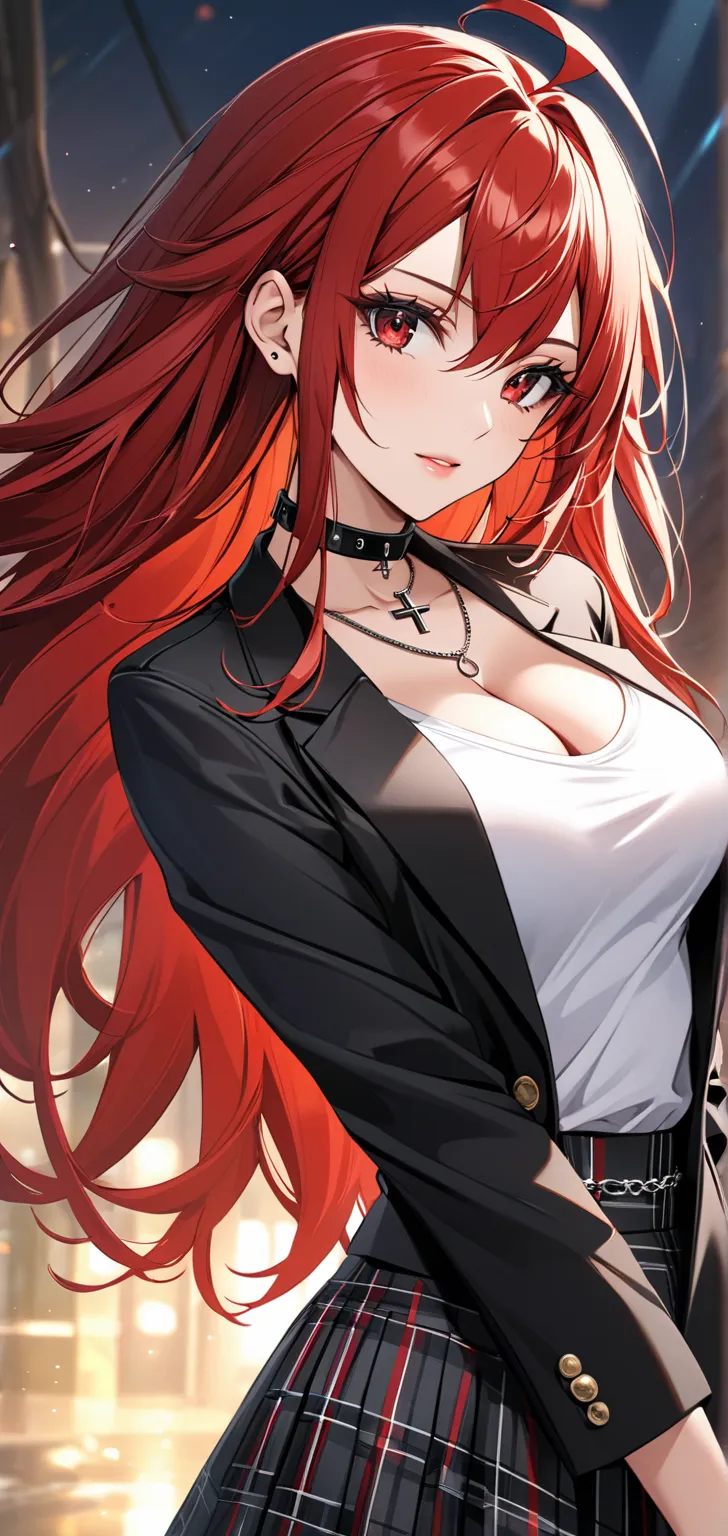 ultra high resolution, rich colors, Perfect image, t-shirt,  detailed image, Beautiful woman Kurai Eijirou, red hair, Ahoge, red eyes, choker,  cross chain , cleavage, black blazer, black jacket, plaid skirt ,  long hair 