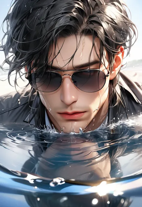 raw photo:1.2, masterpiece, highest quality, 16k, unbelievably absurd, very detailed, perfect beauty, handsome man, closeup face, look down, wet hair, splash water , black hair, face sharp, black sunglass