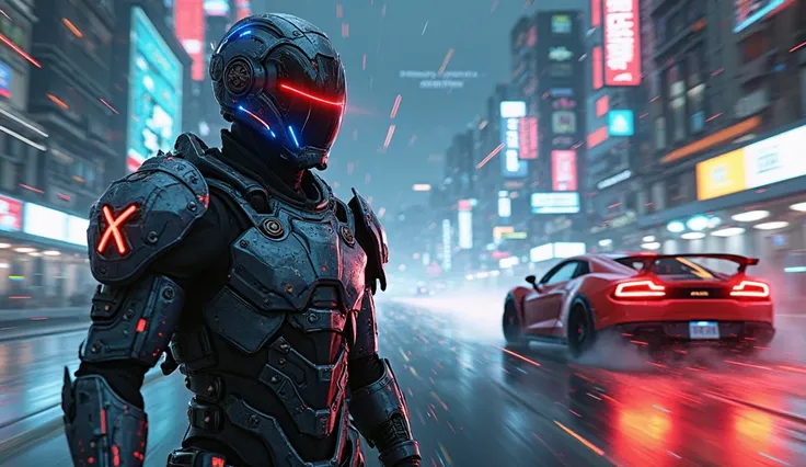  with neon blue and red highlights. His helmet visor reflects the neon lights of a cyberpunk city, and electric sparks surround his body, symbolizing intense speed and mind overload. In the background, a hyper-fast sports car drifts at extreme speed throug...