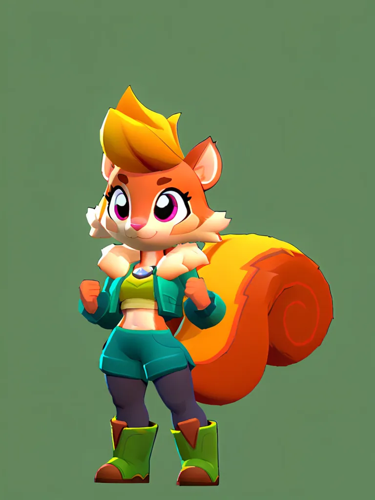 squirrel tail, squirrel ears, yellow hair, green jacket, animal ears, black stockings, green boots, fur boots, green top, crop top, plump, brawl 