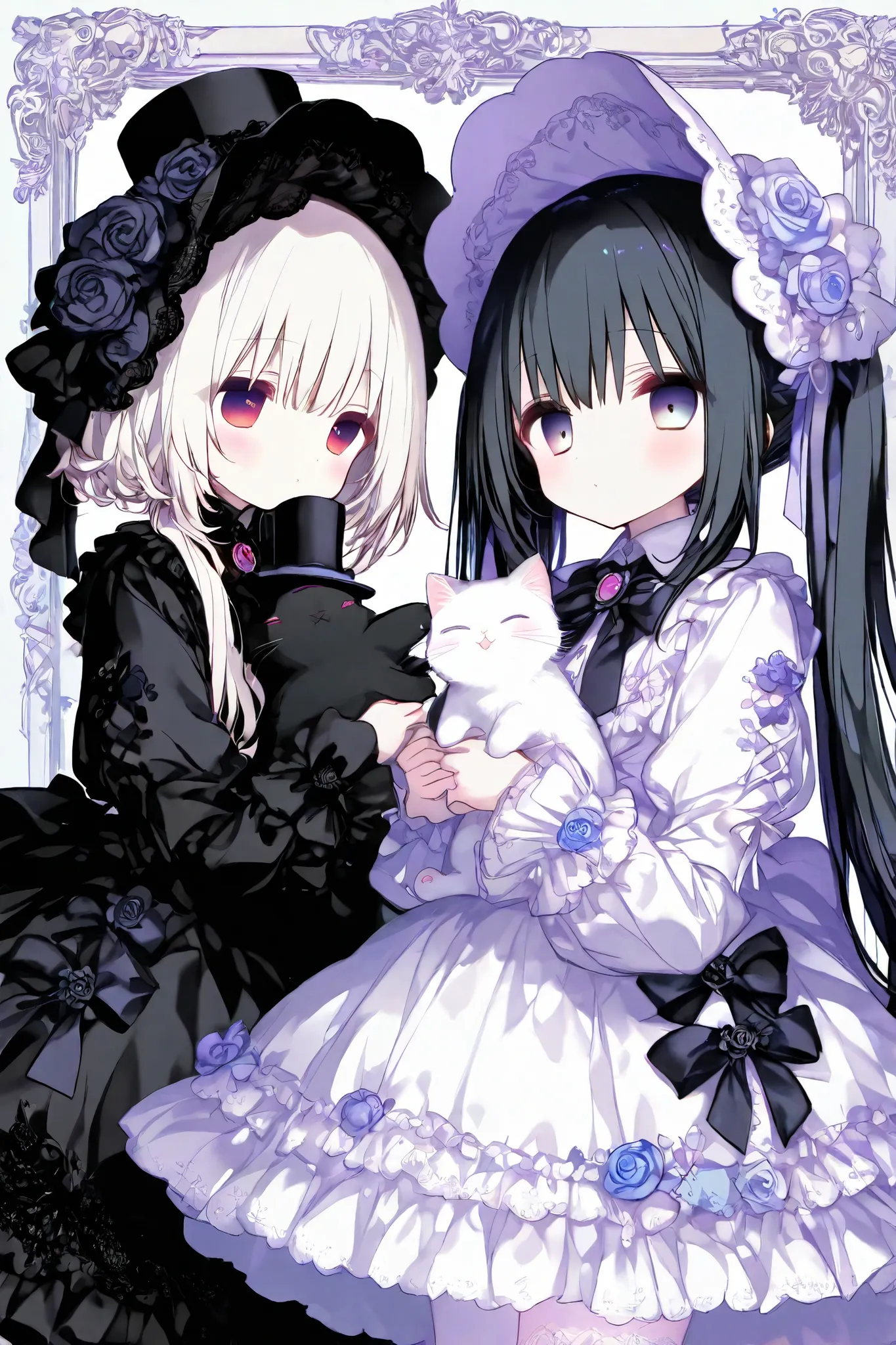 General,AIU,Komeshiro Kasu style,usnr,dark gothic,shiny skin,pastel,gothic lolita fashion, twin cute girls, one in white dress, one in black dress, intricate lace and frills, victorian-inspired attire, holding large roses, cute gothic dolls, black cat with...