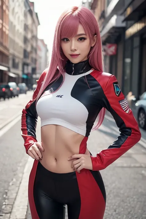 faceup, very detailed background , masterpiece,  top quality ,  One girl , Alone, ((masterpiece,  top quality )),best aesthetic,   darling in the franxx , bangs, bite, ,  covered navel ,  eyeshadow,  green eyes, Hair on the back of the head,  Hands on Hips...