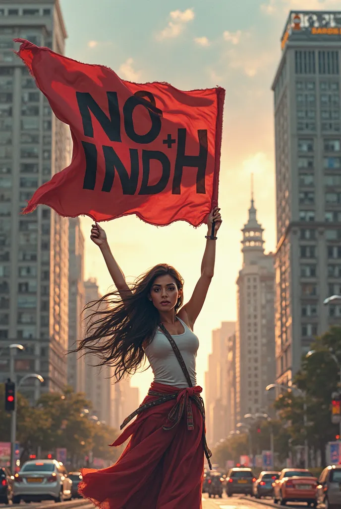 Girl standing in the middle of an avenue protesting with a flag that says NO + INDH  