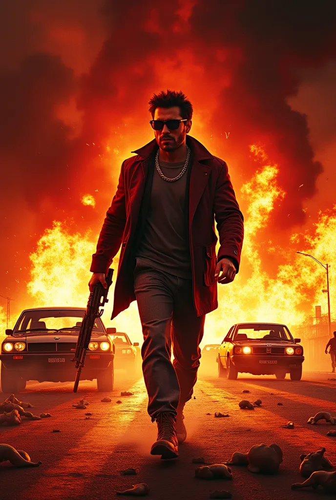 Creat a movie poster which is name, bloody     boyz' in the front of poster name of the title,    
 bloody boyz, and write in down, a roshif khan  
 film.. and background of the poster lots of fire, blasting cars, running people, 