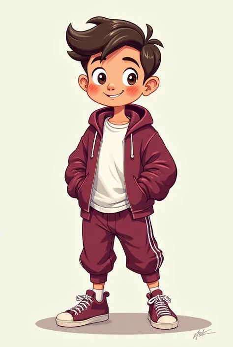 Cartoon boy , full body with wine-colored sweatshirt and white t-shirt and running wine pants