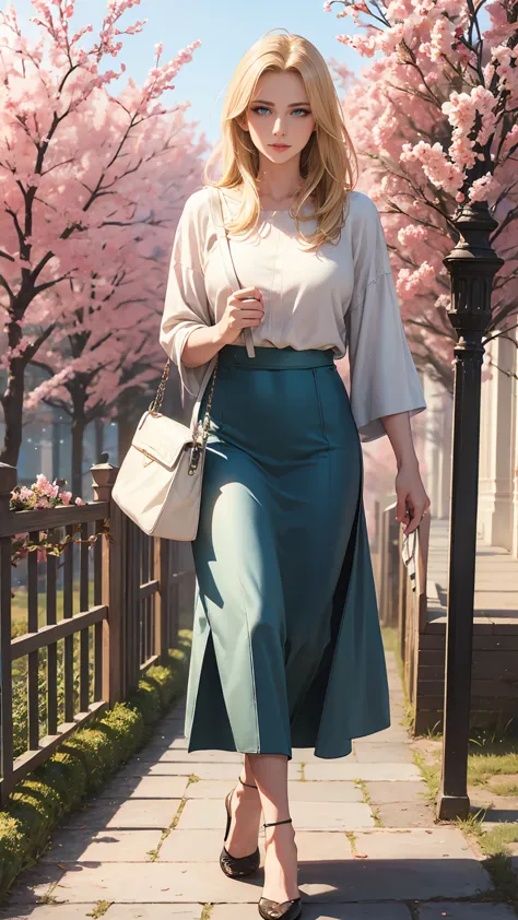 47yearsold, realistic, 177cm tall, blonde, highly detailed, render, full body, mature, full color spring outfits, masterpiece, best quality, high quality, high resolution, 8K, pretty face, gorgeous, beautiful face, makeup, hdr, walking to near home, full s...