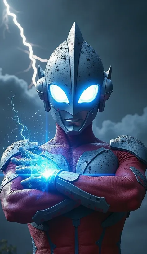 "A cinematic close-up of Ultraman crossing his arms, charging up his Specium Ray. His right hand glows with blinding blue energy, illuminating his entire face. Sparks and cosmic dust swirl around him as he gathers power. His determined expression and inten...