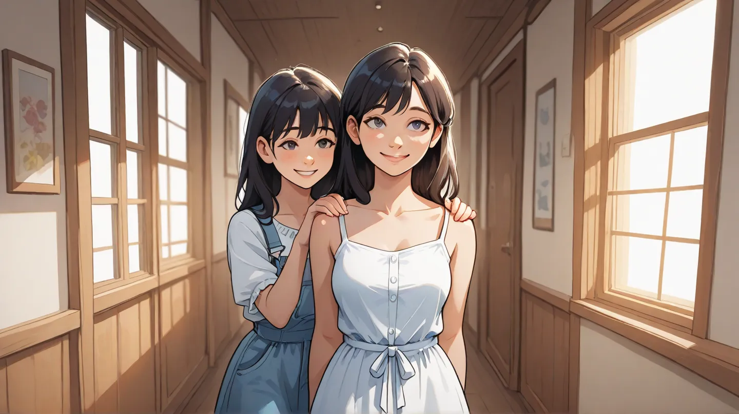 Mother, dark short hair, and daughter  