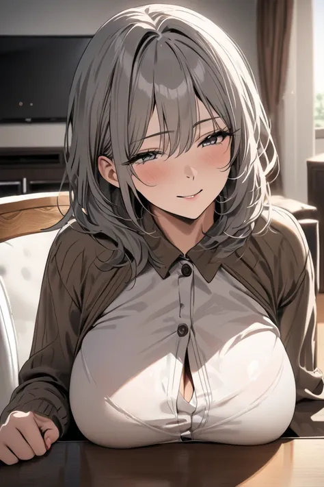 top quality, masterpiece, High Resolution, 8k, (1 girl ), Alone. sexy, (bust shot), (A casual room arrangement), black bun hair, Mature Woman, ((( tired look))), living room,  and get to the table, chair, A fleeting smile, Big Breasts