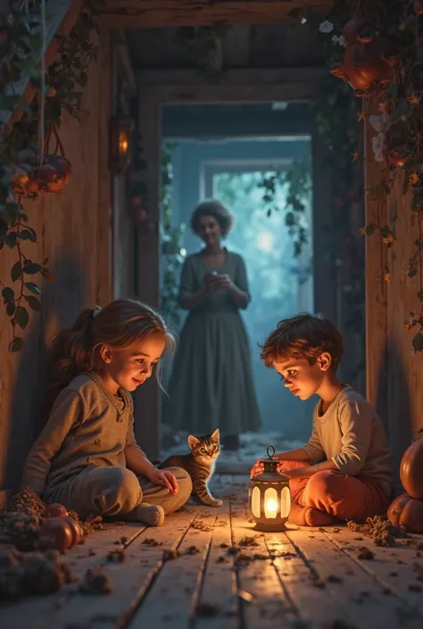 A very clear ultra HD dynamic image of A heartwarming scene of Lily and Max sitting on the floor of the attic, playing with their new pet kitten, Shadow. The old house, once mysterious, now feels cozy and full of adventures. Grandma watches them lovingly f...