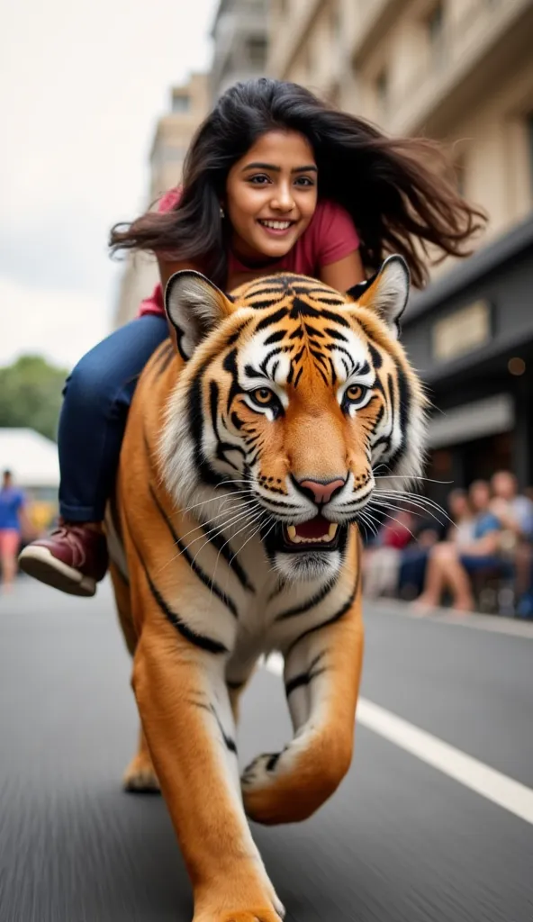 A highly detailed and dynamic animation of a young  riding a powerful tiger sprinting through a bustling city street at high speed. The tiger’s muscular body, with its vibrant orange and black stripes, moves swiftly and fluidly, its paws hitting the ground...