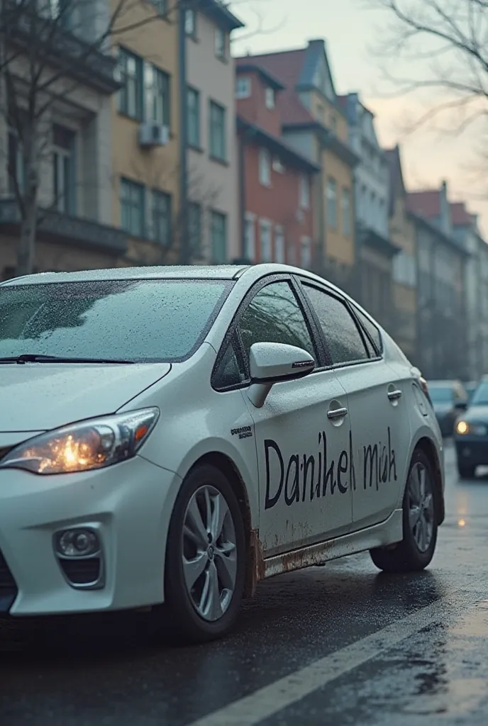 Generate ma a picture of a toyouta prius driver Danica which has flu. The picture should contain toyota prius, a sick men, teltonika office. Also on the side of prius there should be written “Danik homik”