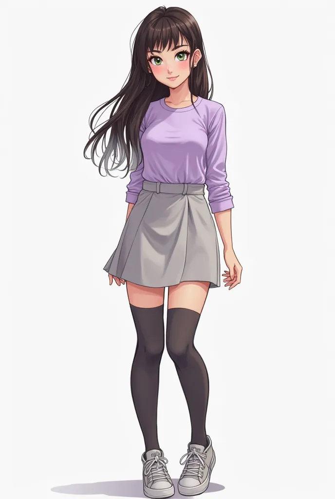 Desenhar personagem feminino de 17 anos white, with wide hips , half strong , white ,  waist-length hair . Dark brown hair with white gradient on the ends , tem franja com pontas whites também.  left eye blue, green right eye,  Legs are thick ,  flat belly...