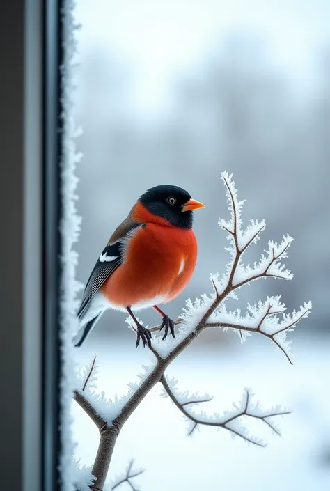 ren foam from the window on the bullfinch
 in winter 