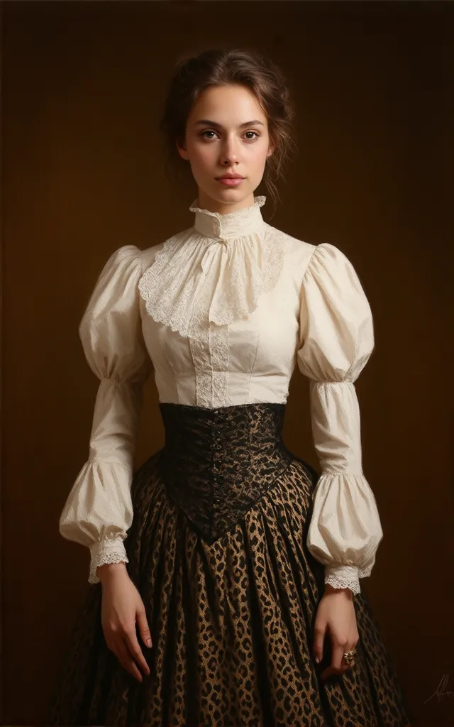 MASSIVE BREAS, brocade_victorian_blouse,lace_collar,cinched_waist,puff_sleeves,delicate_embroidery,high_neck,elegant_posture,serene_expression,photorealistic,8k,ultra_detailed,dramatic_lighting,ornate_victorian_interior,warm_color_palette,chiaroscuro_effec...