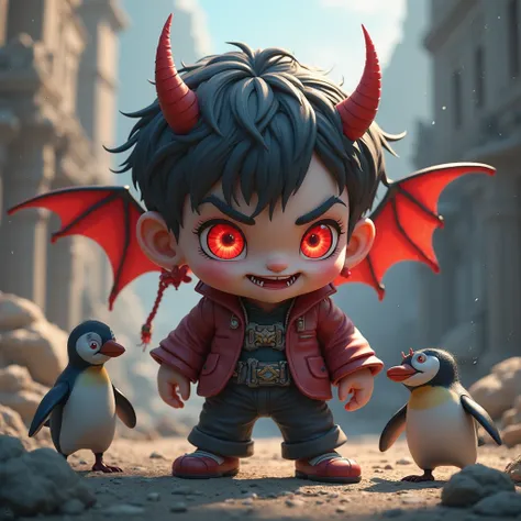 The Devil's Boy、A two-headed boy in 3D、red eyes、Snake&#39;s Pupil、smiles wickedly、The devil who aims to conquer the world、Trying to prey on cute little penguins、 The background is a ruined city