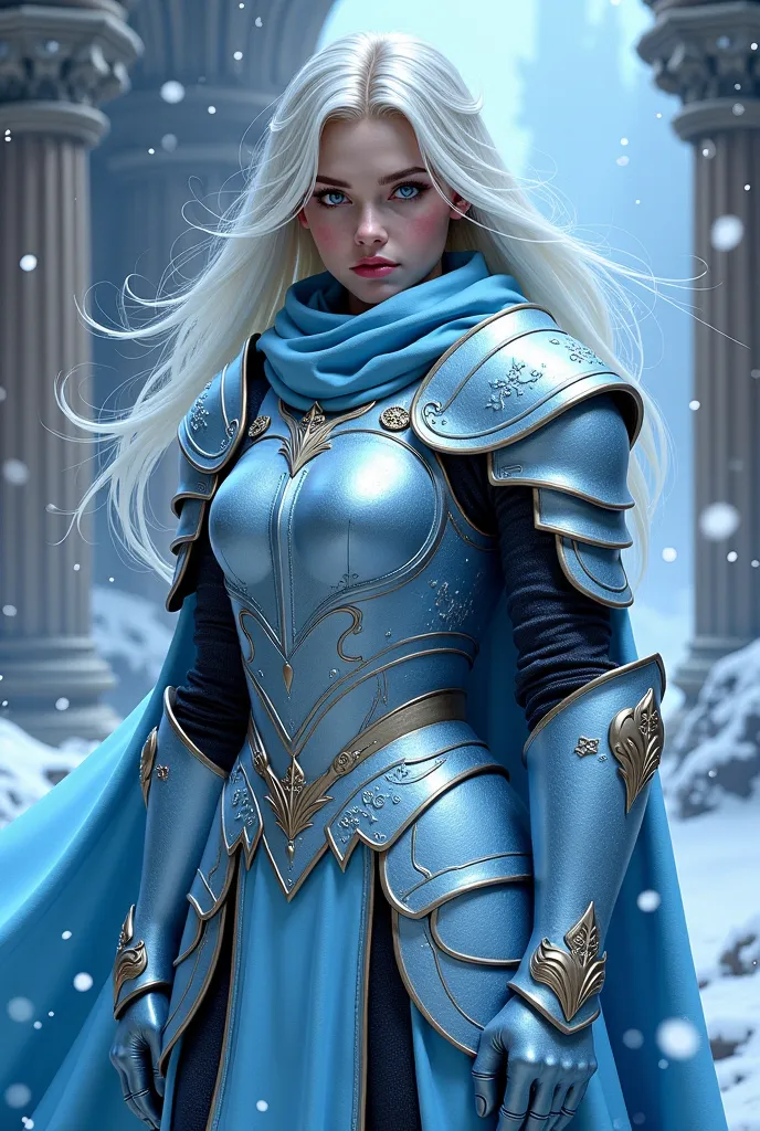 girl with ice magic, in armor, at the Academy of Magical Arts, ice and snowstorm all around,  book cover 