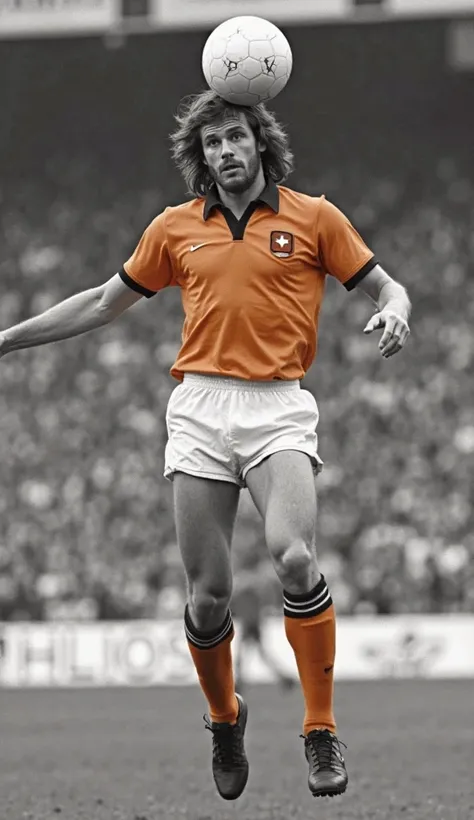 A black-and-white action shot of the same Dutch football player from the previous image, taken between 1972 and 1974. The photograph has the authentic texture, contrast, and slight grain of film photography from that era. The player, in his late 20s, has w...