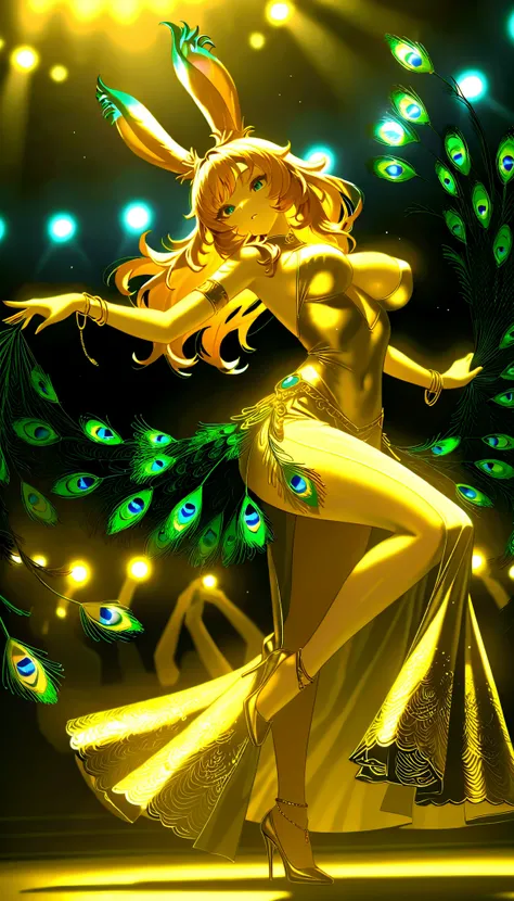 SFW, Highest quality、masterpiece、 Award-winning work 、16k, A busty Viera girl in a long dress dancing at the disco,(a fan made of peacock feathers)Dancing with、(Peacock feathers fly through the air)、flashy lighting、
